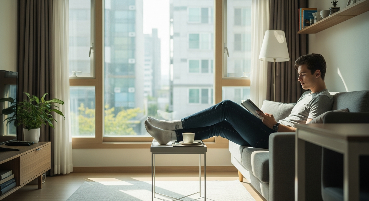 보증금 없는 단기임대 주택에서 편안히 쉬는 유학생